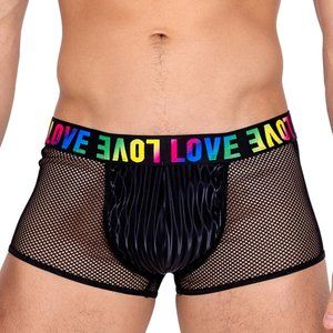 Rainbow Pride Fishnet Trunks with LOVE Print Waist